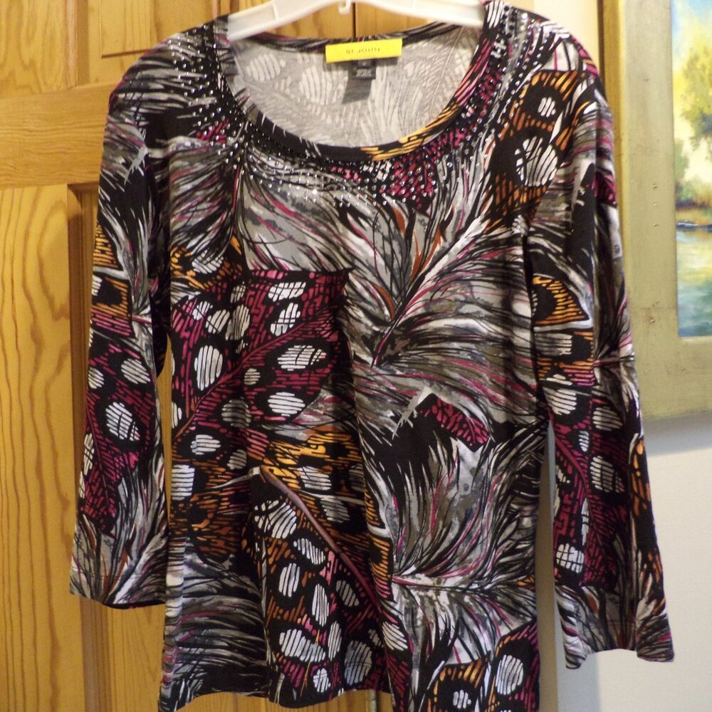 ST. JOHN Blouse Shirt-Gold Label ~ Shades Purple, Grey, Orange on Black -Medium